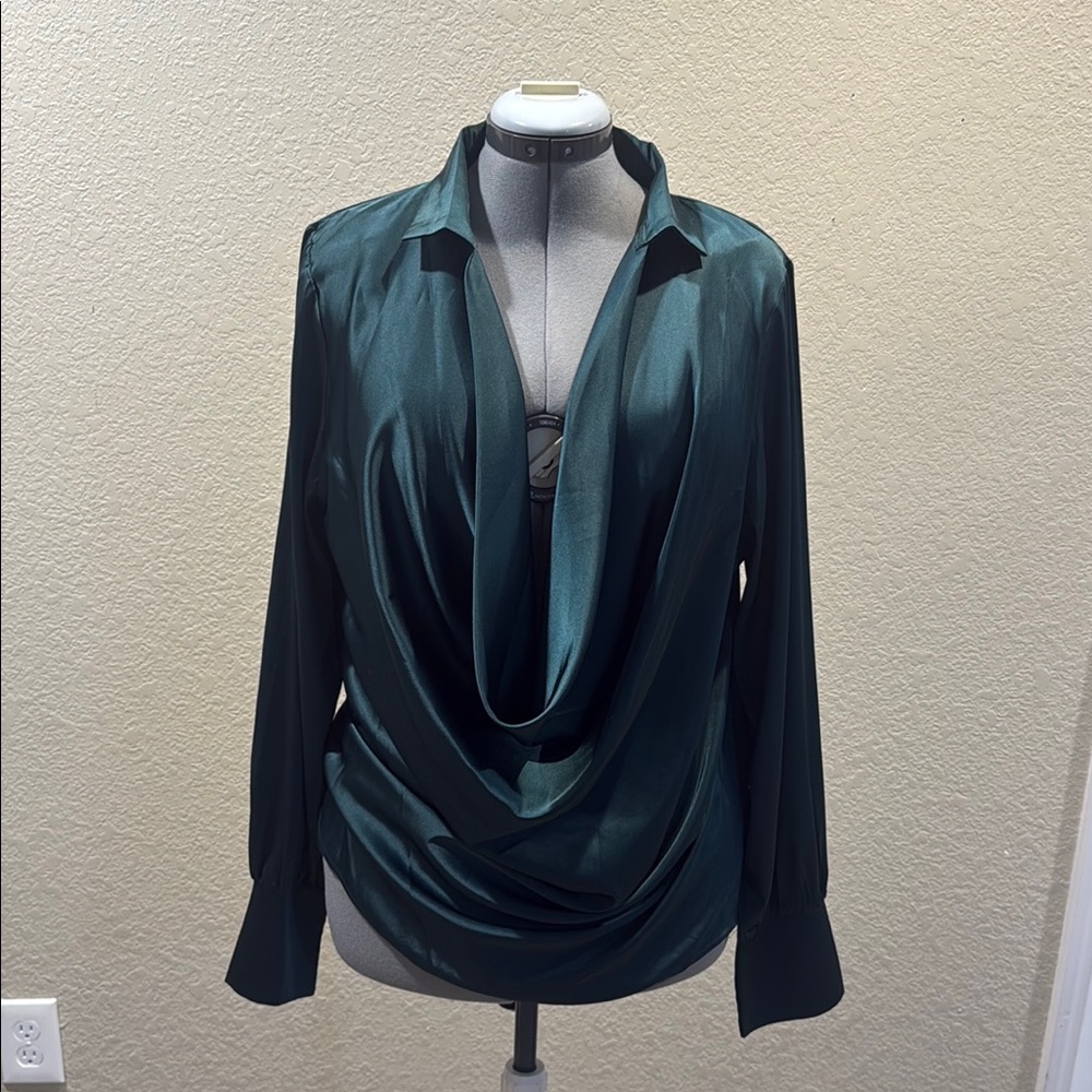 Green Draped Long Sleeve Blouse with Notched Collar